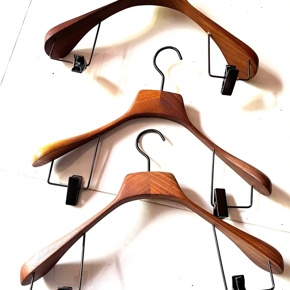 Valentino Brown Wooden Hangers with Metal Clips - Set of Three (3)